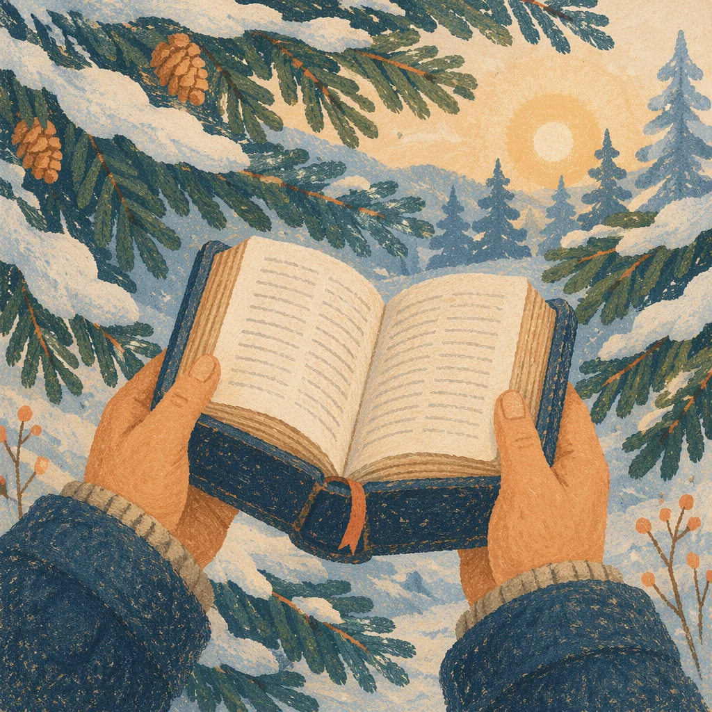 Hands Holding Bible in Snowy Pines