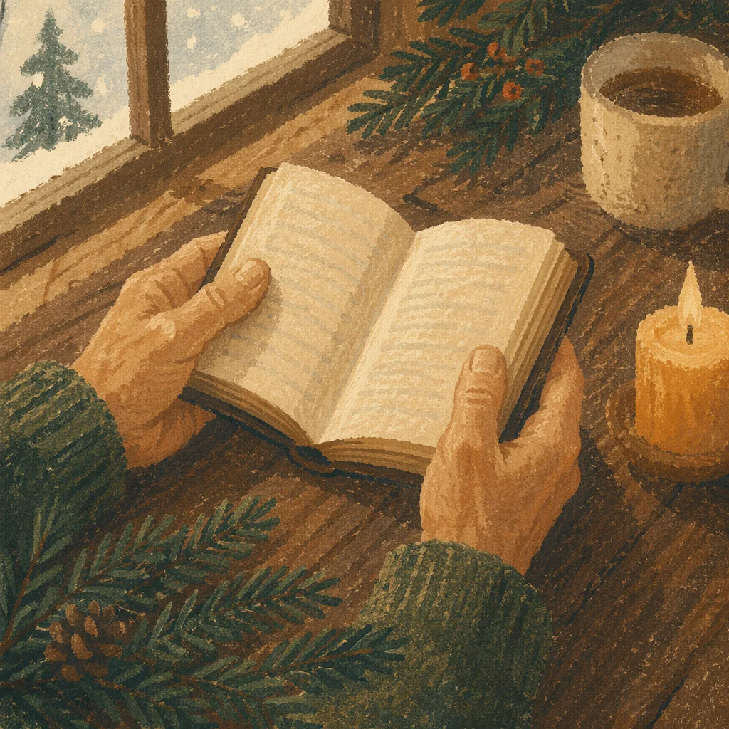 Weathered Hands Holding Bible with Evergreen