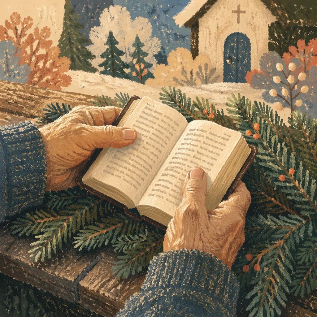 Weathered Hands Holding Bible Among Evergreens