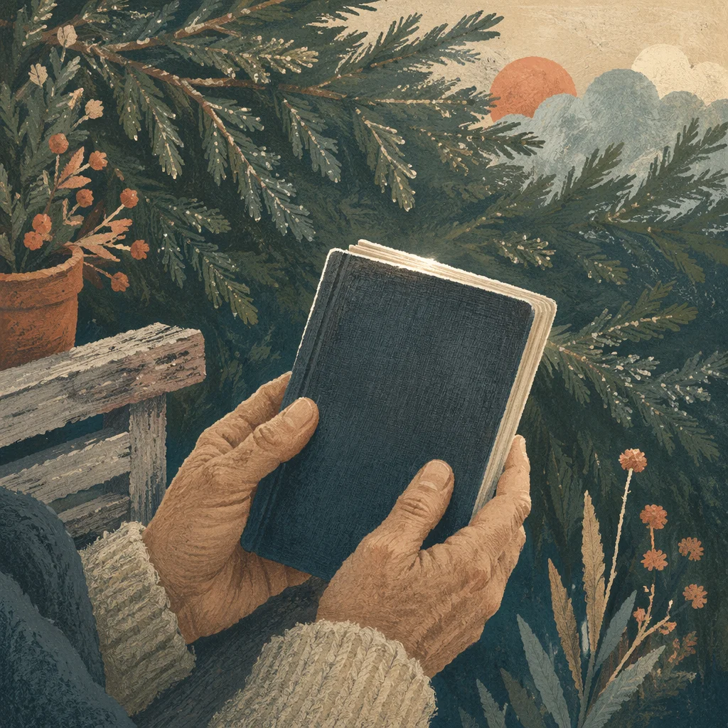 Weathered Hands Holding Bible Among Evergreens