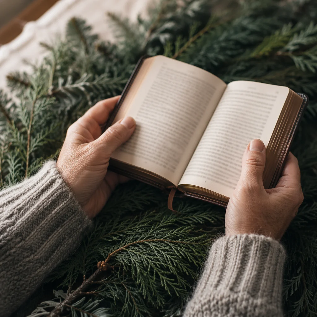 Hands Holding Bible on Evergreen Branches