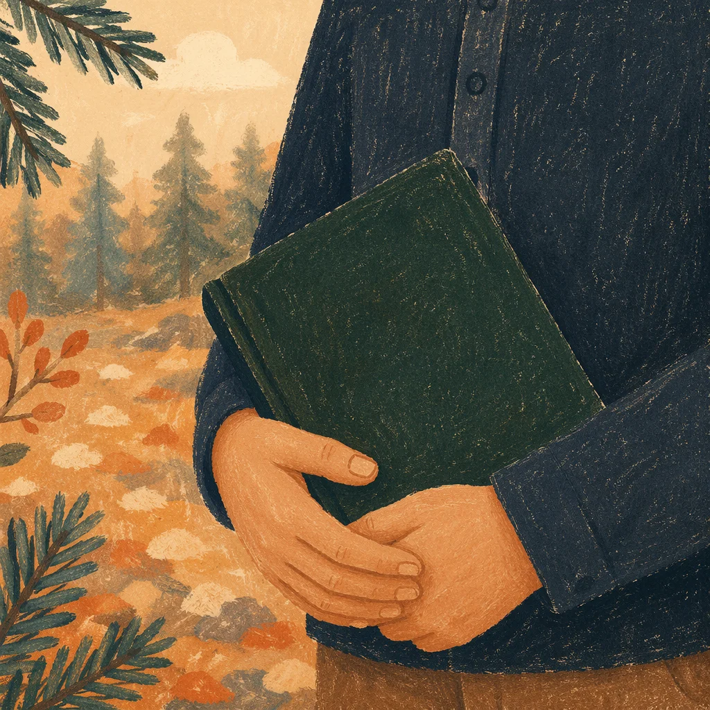 Hands Holding Green Bible Among Evergreens