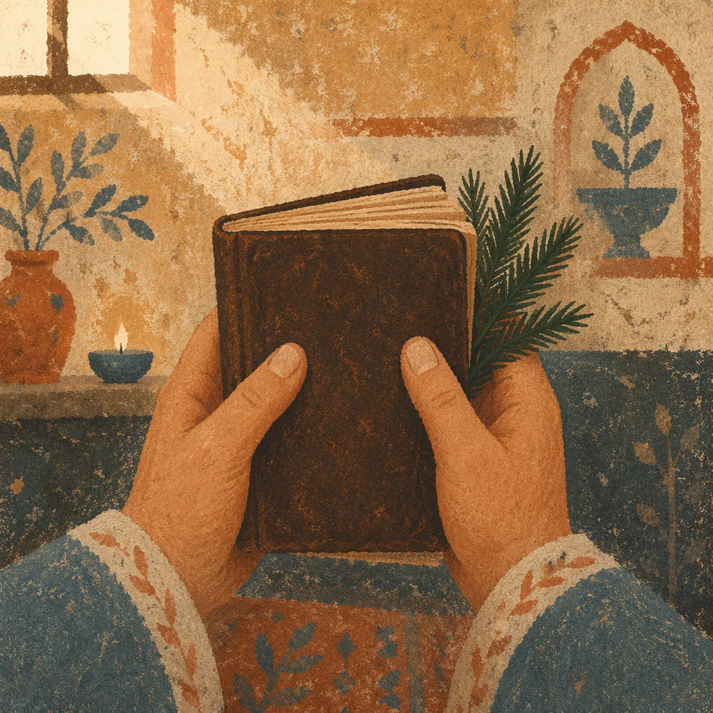Hands Holding Bible With Evergreen Sprigs
