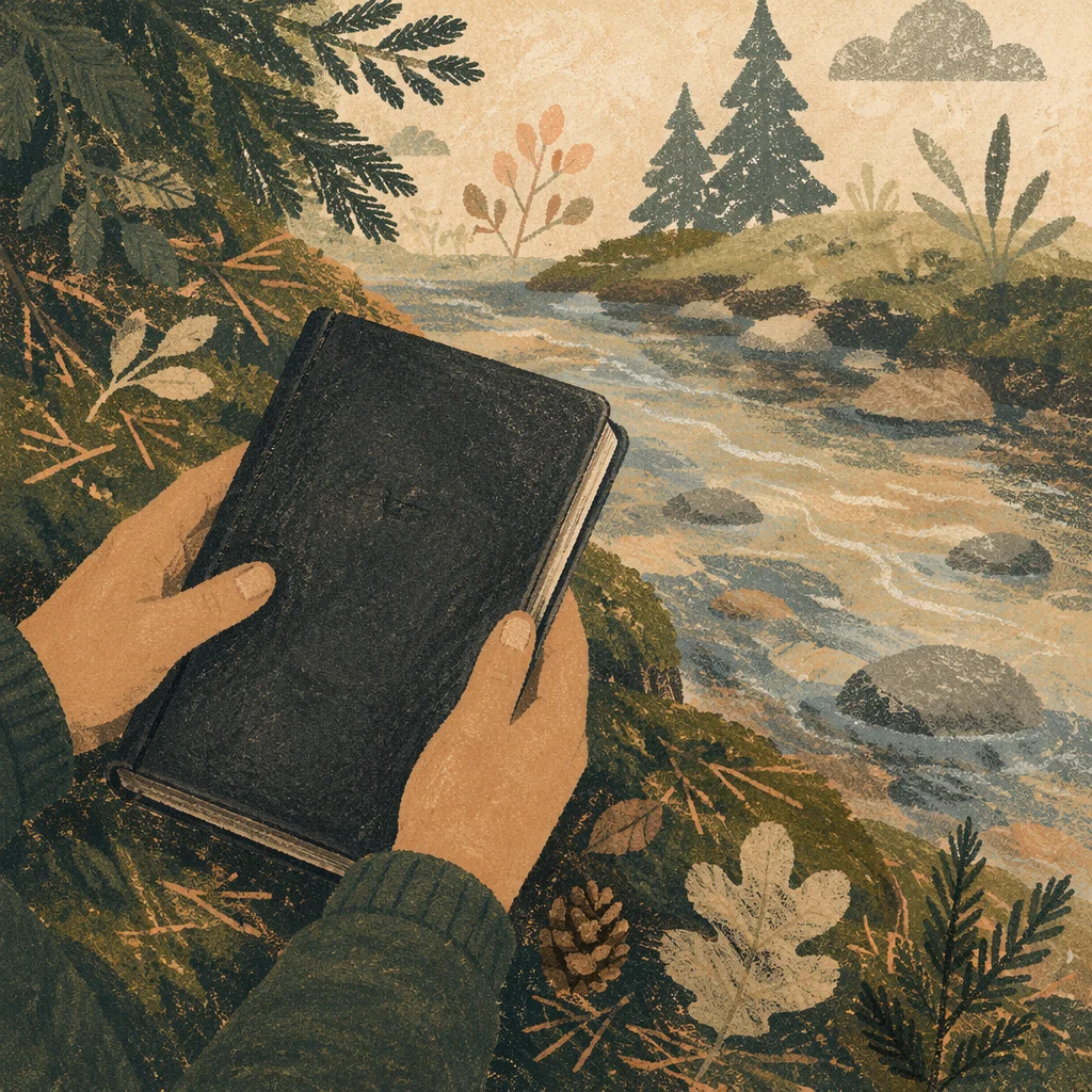 Hands Holding Bible in Evergreen Forest