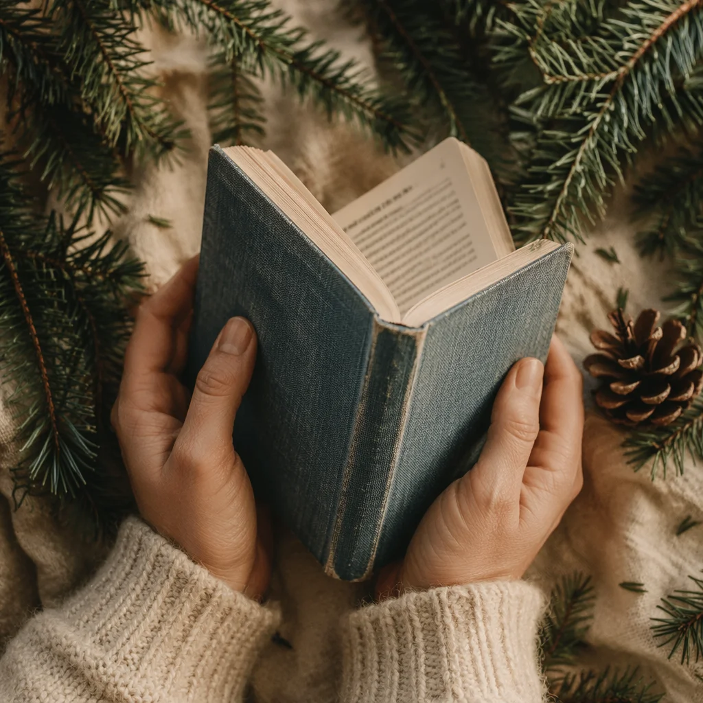 Hands Holding Bible Among Evergreen Branches