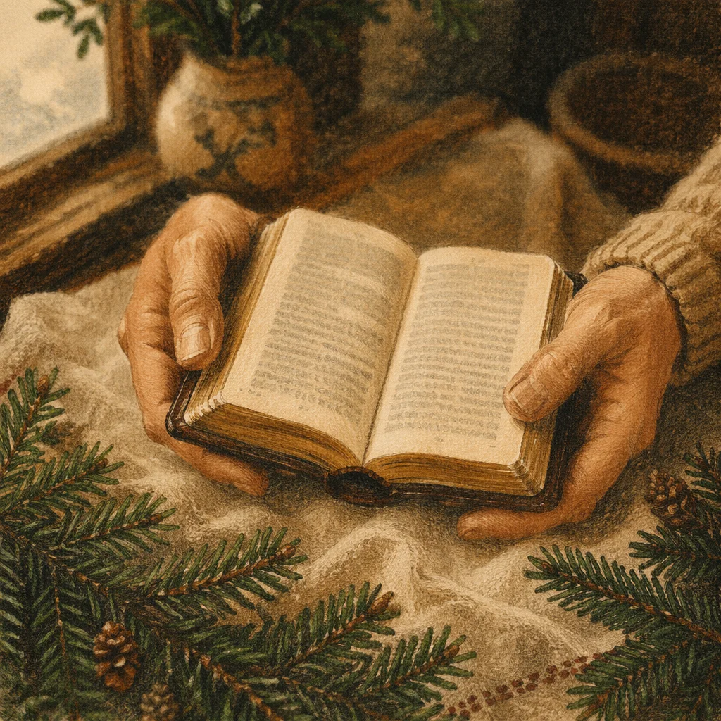Hands Holding Bible Over Evergreen Branches