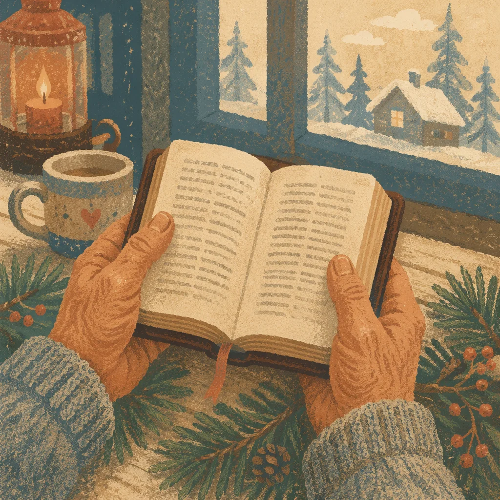 Weathered Hands Holding Bible Among Evergreens