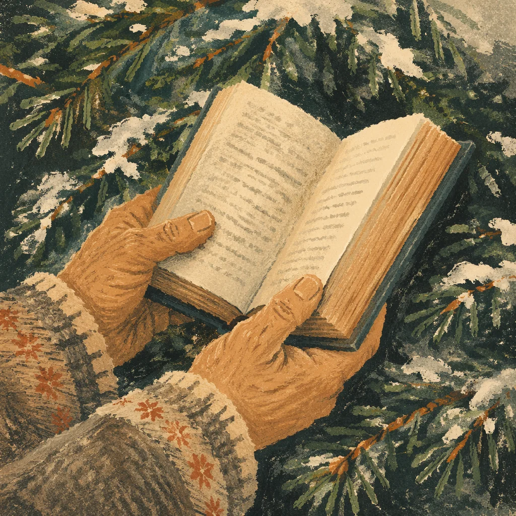 Weathered Hands Holding Bible in Winter Pines