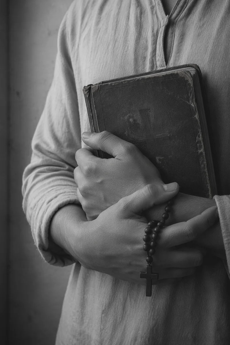 Hands Holding Worn Bible in Prayer