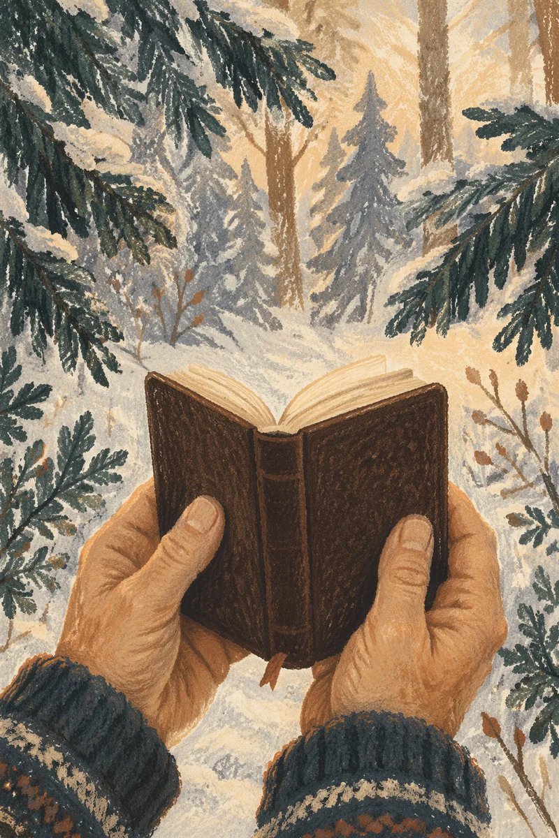 Weathered Hands Holding Bible in Snowy Evergreens