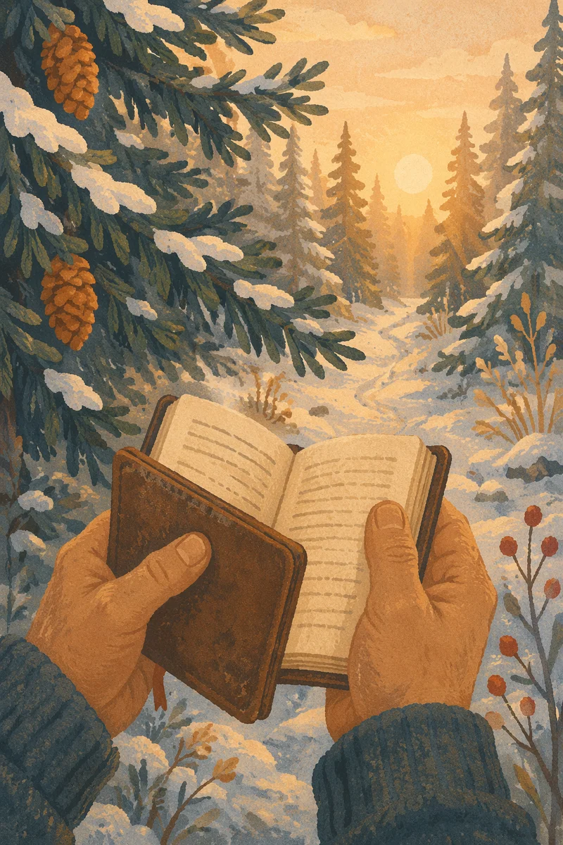 Weathered Hands Holding Bible in Winter Pines