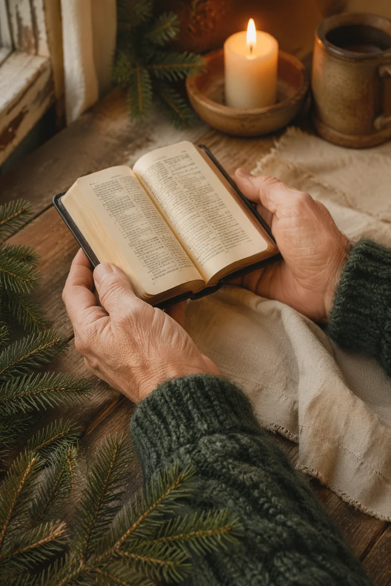 Weathered Hands Holding Bible with Evergreen
