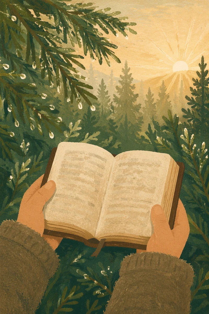 Hands Holding Bible Among Evergreen Branches