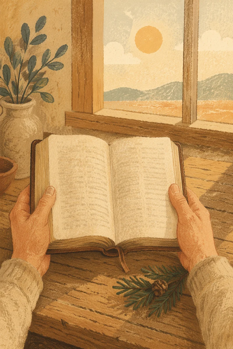 Hands Holding Bible with Evergreen Sprig