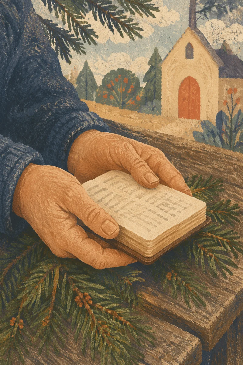 Weathered Hands Holding Bible Among Evergreens