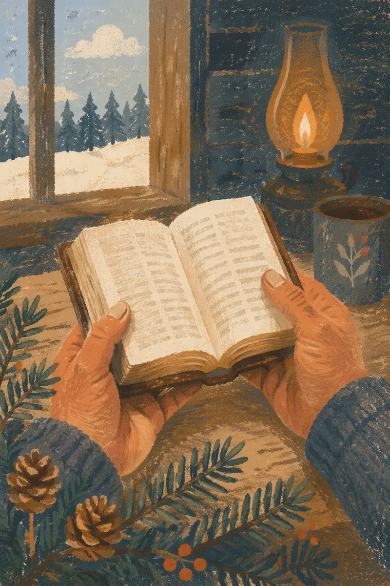 Weathered Hands Holding Bible Among Evergreens