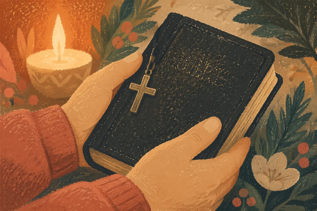 Hands Holding Bible with Cross Pendant
