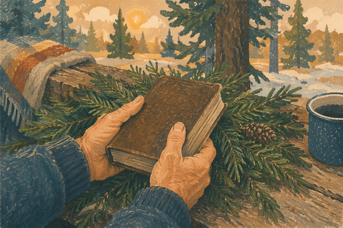 Weathered Hands Holding Bible Among Evergreens