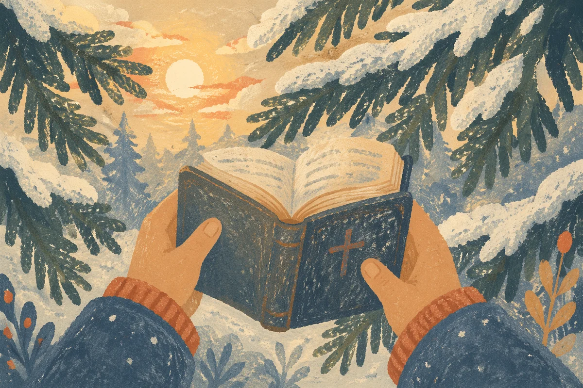 Hands Holding Bible Among Snowy Evergreens