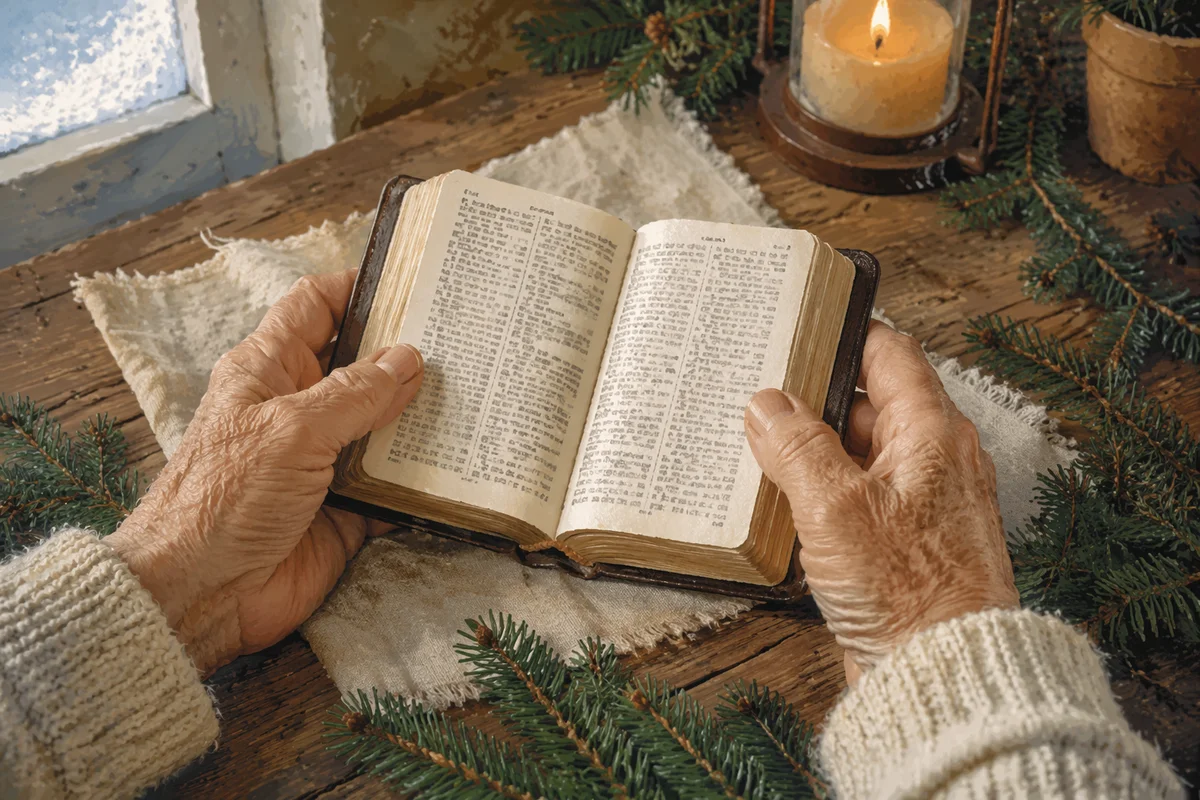 Weathered Hands Holding Bible with Evergreen