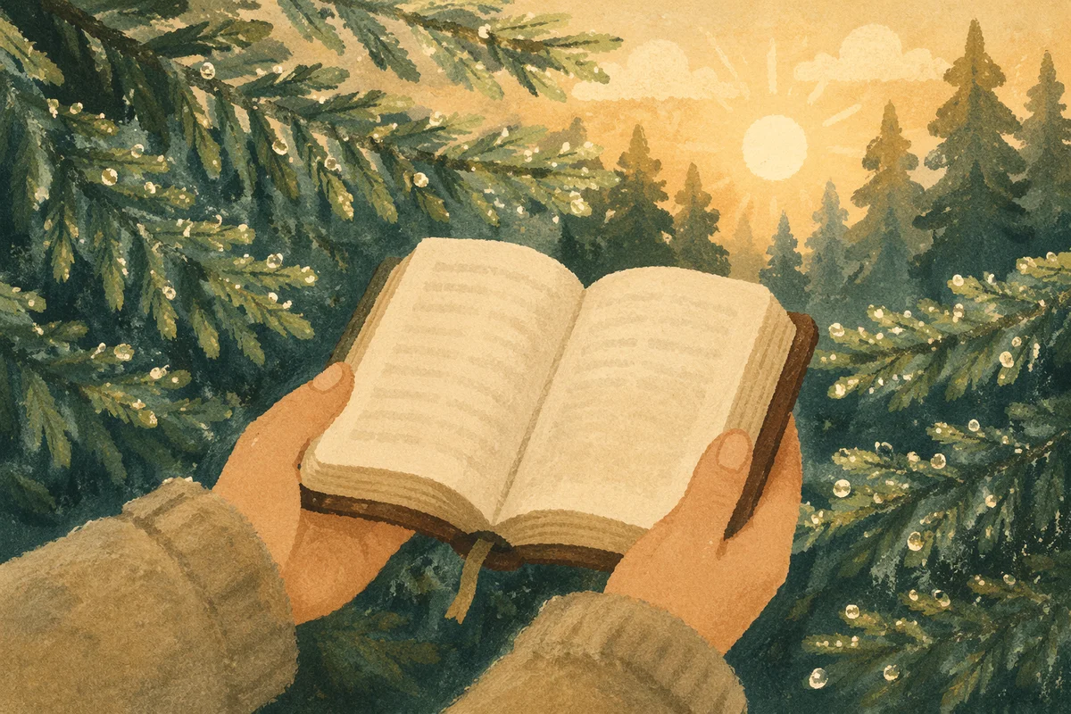 Hands Holding Bible Among Evergreen Branches