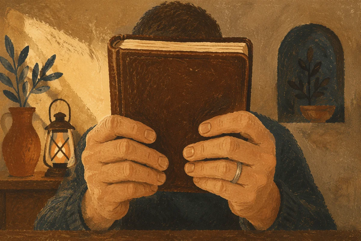 Hands Holding Bible in Warm Amber Light