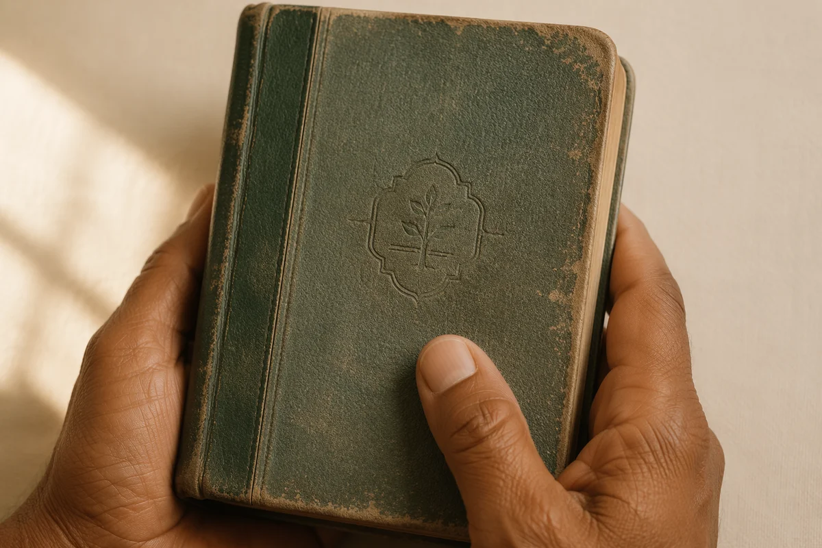 Hands Holding Worn Evergreen Bible Close Up
