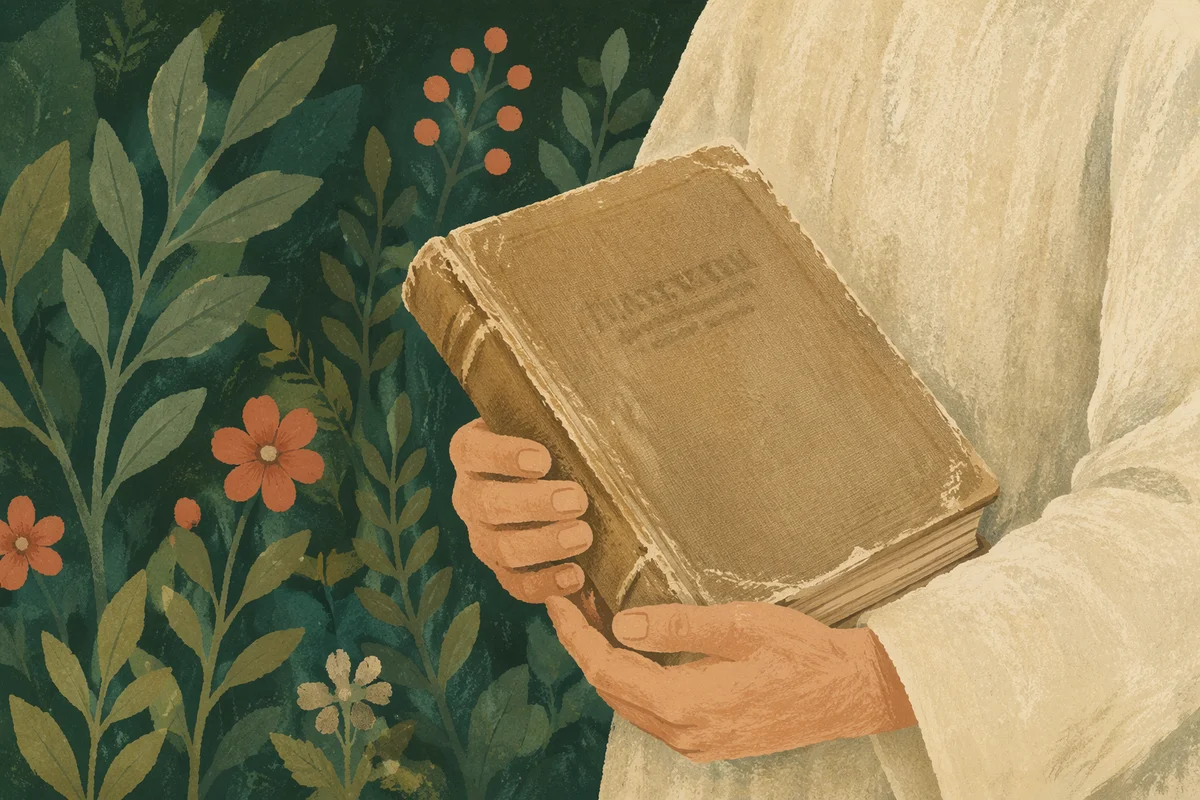 Hands Holding Worn Bible in Evergreen Garden