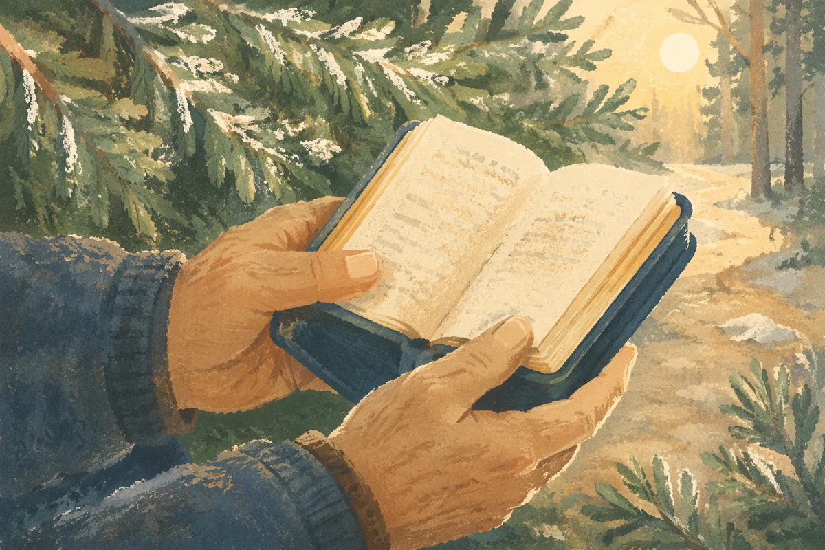 Weathered Hands Holding Bible Among Evergreens