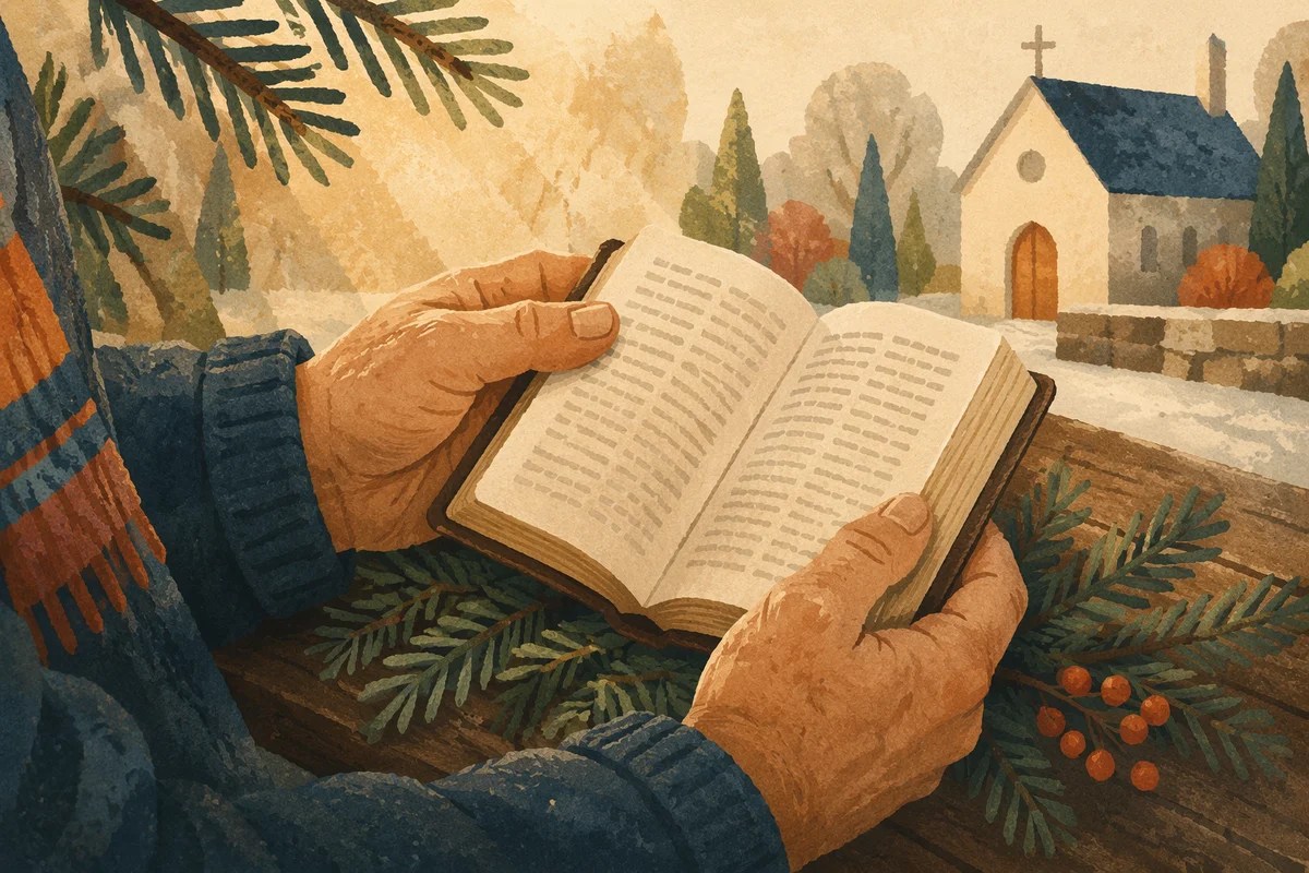 Weathered Hands Holding Bible Among Evergreens