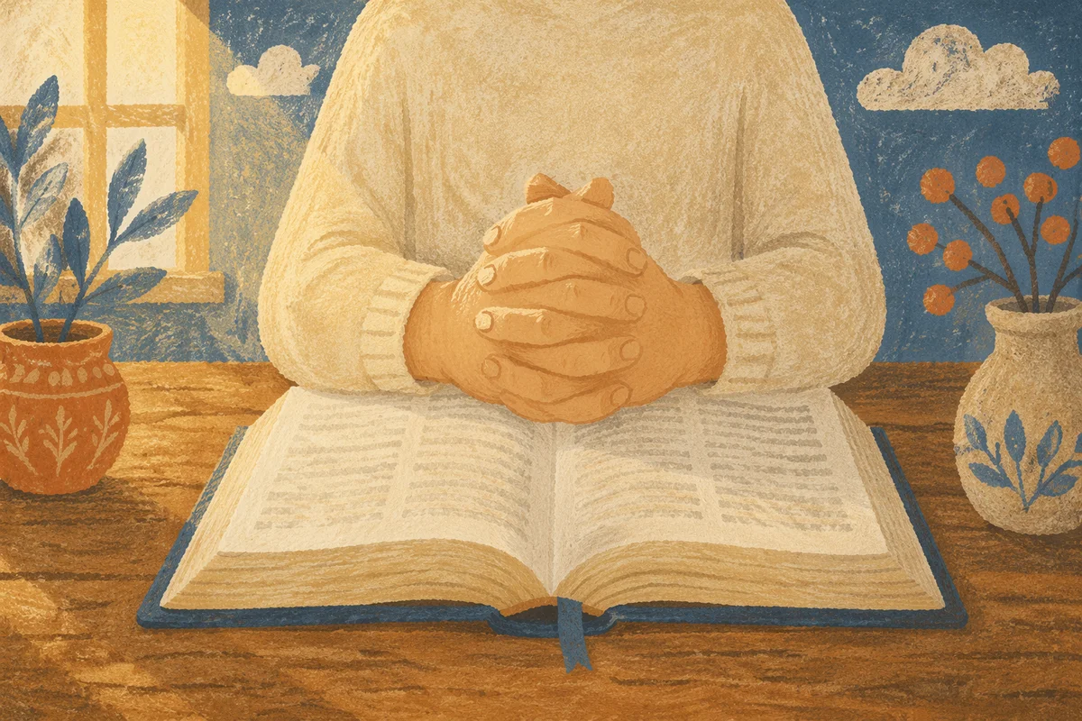 Praying Hands Resting Over Open Bible