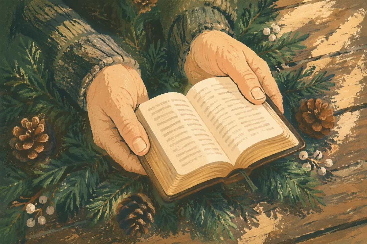Weathered Hands Holding Bible Among Evergreens