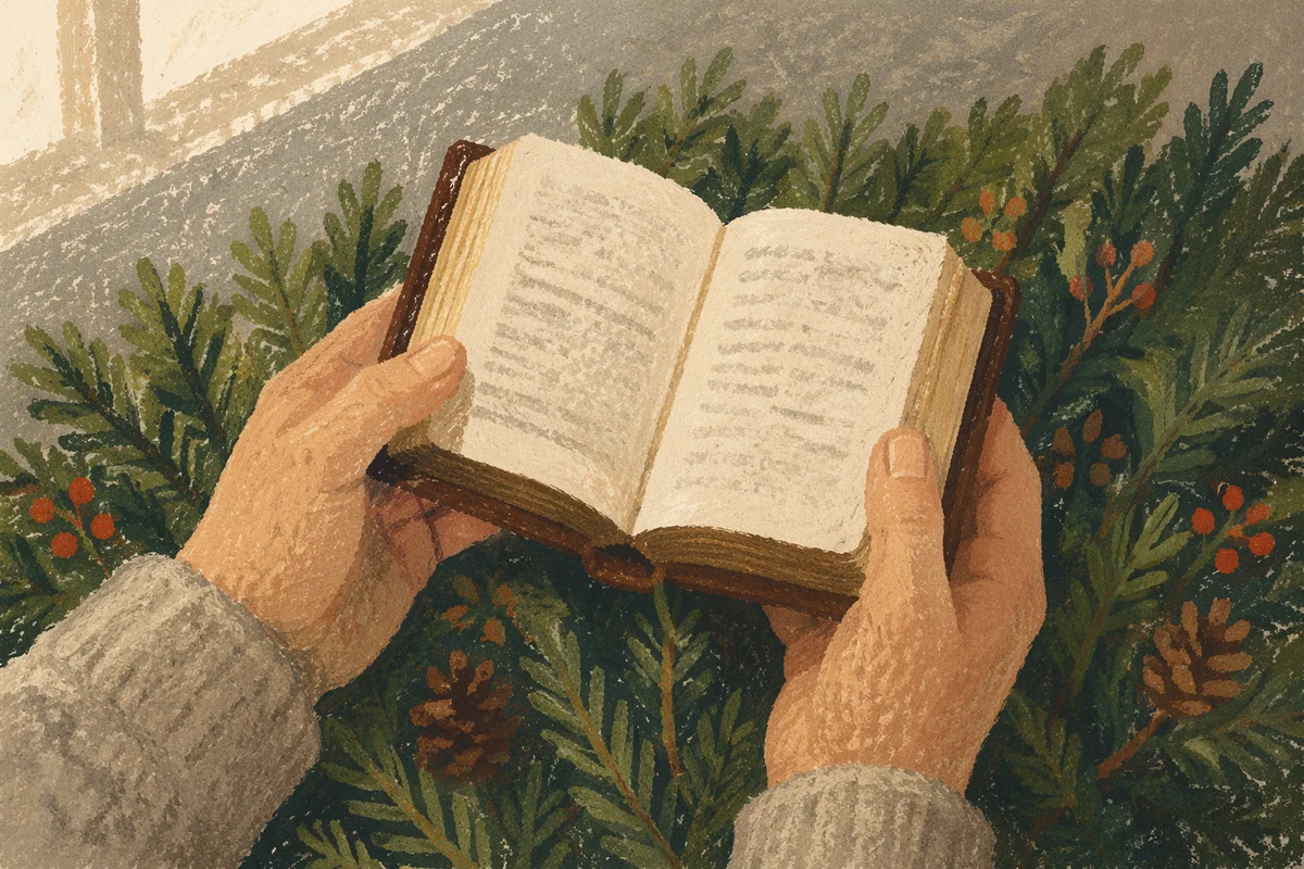 Hands Holding Bible Among Evergreen Branches