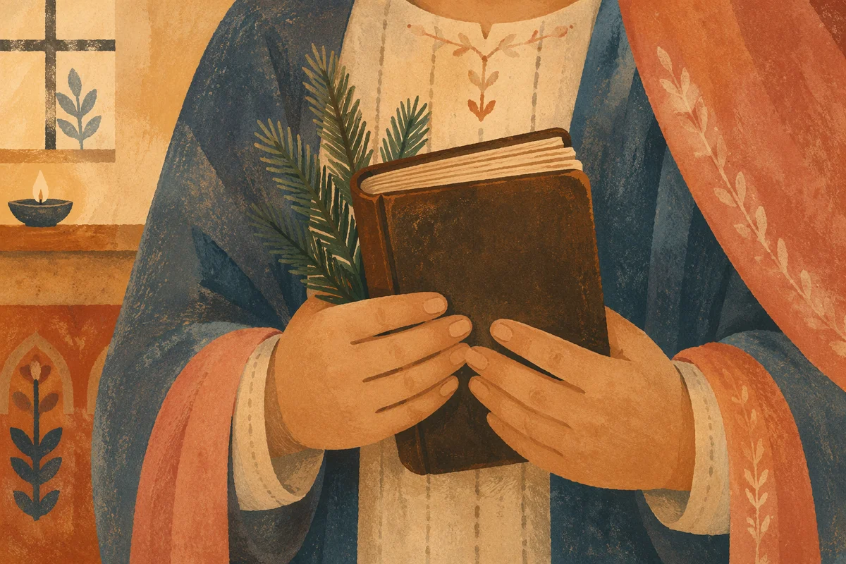 Hands Holding Bible with Evergreen Sprigs