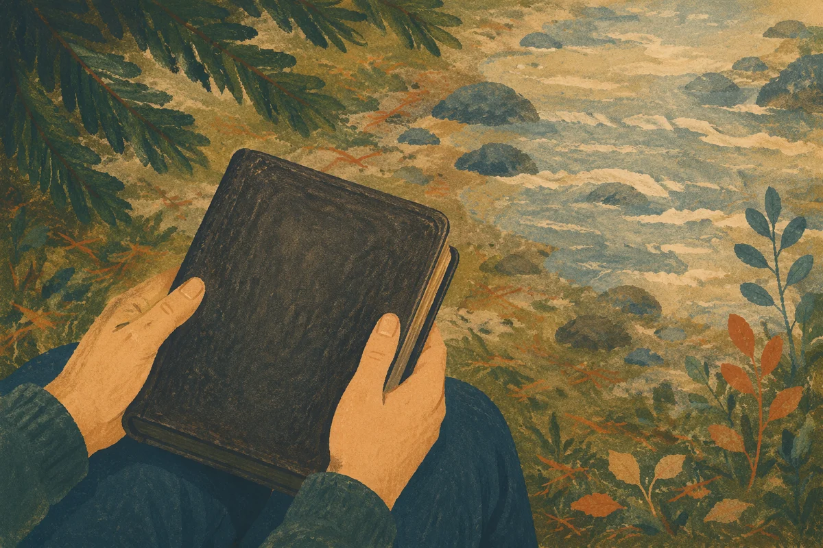 Hands Holding Bible in Evergreen Woodland