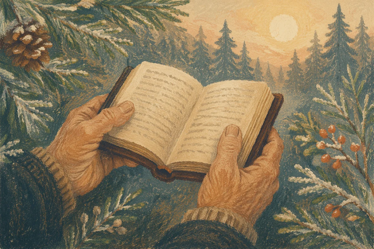 Weathered Hands Holding Bible Among Evergreens