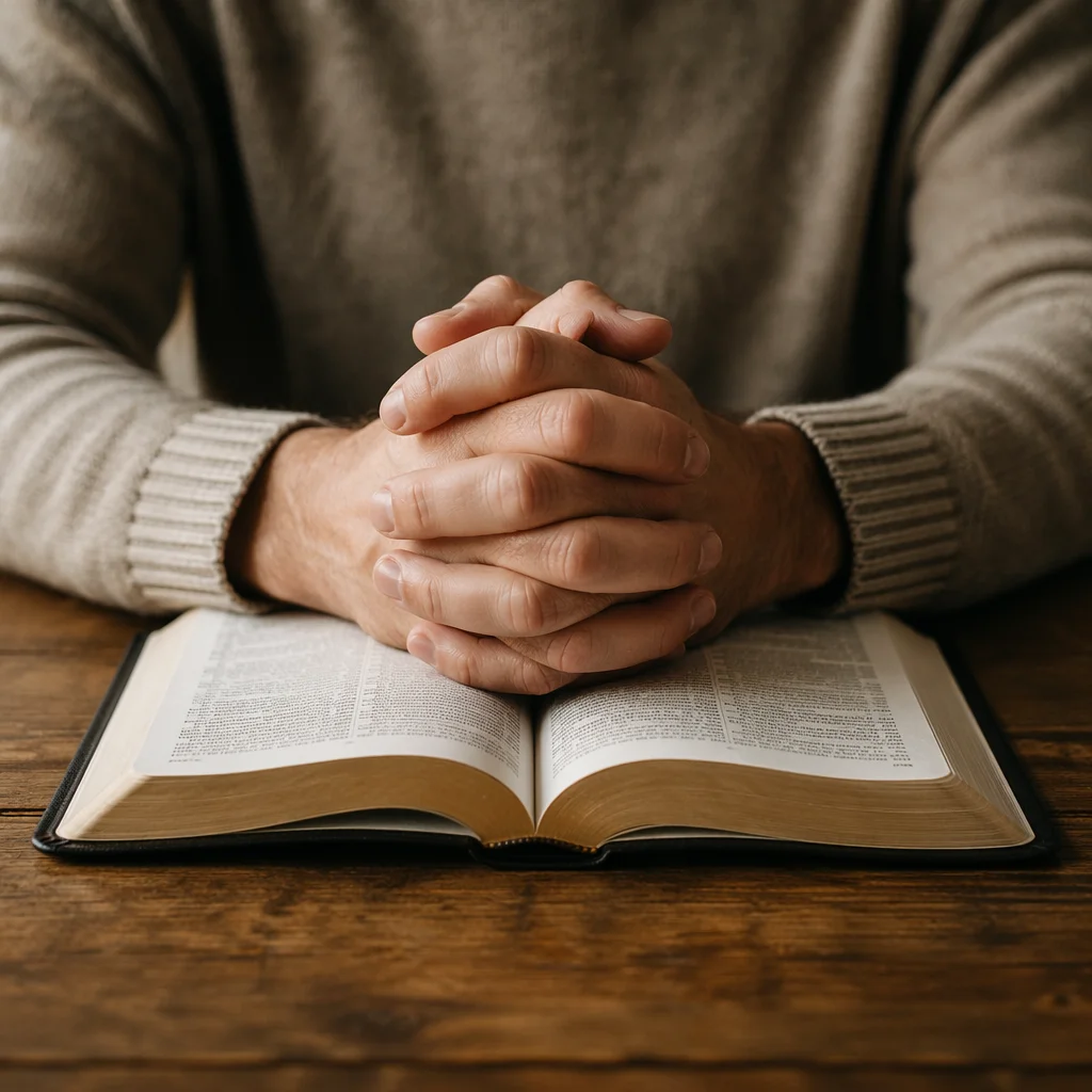 Clasped Hands Over Open Bible