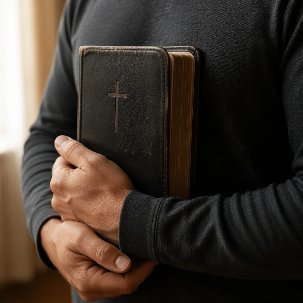 Hands Holding Worn Bible in Warm Light