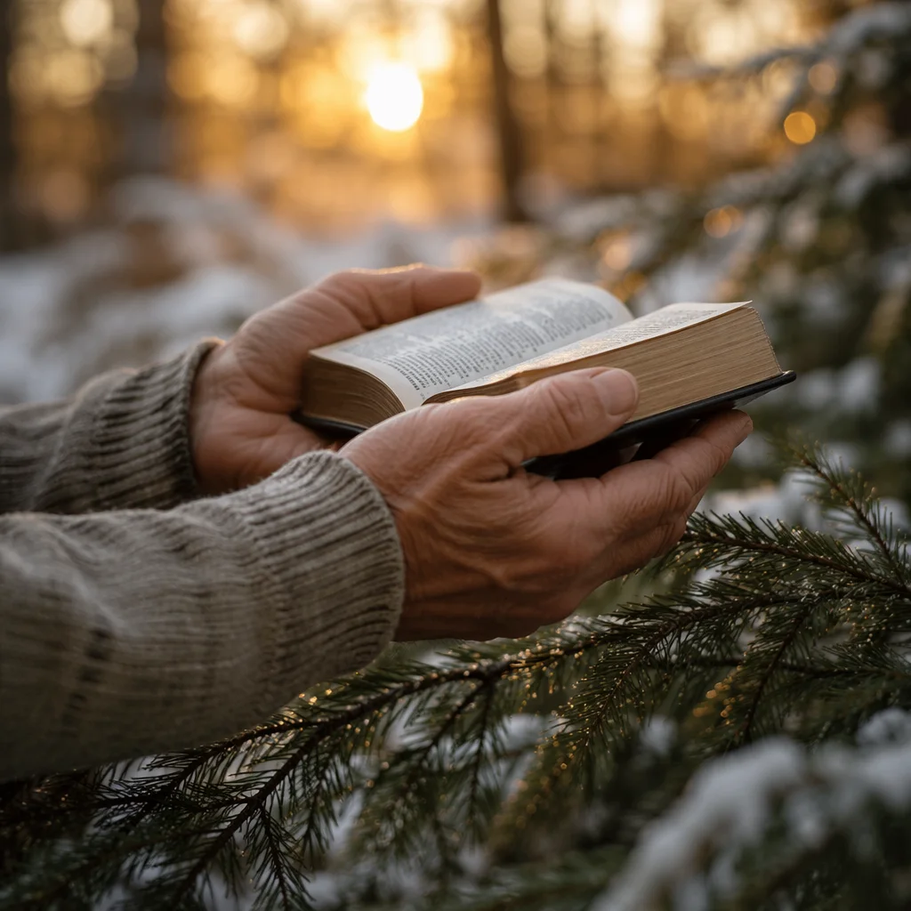 Weathered Hands Holding Bible Among Evergreens