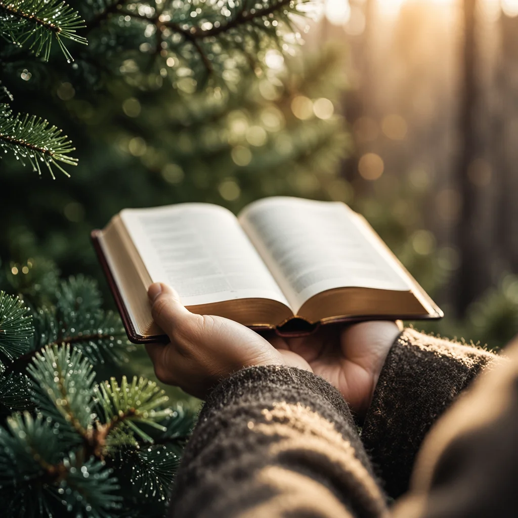 Bible Held Among Morning Evergreens