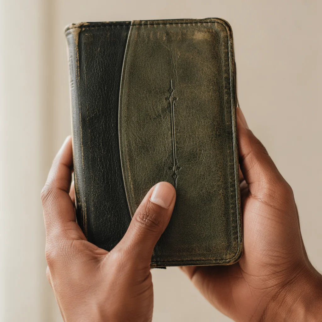Hands Holding Worn Evergreen Bible