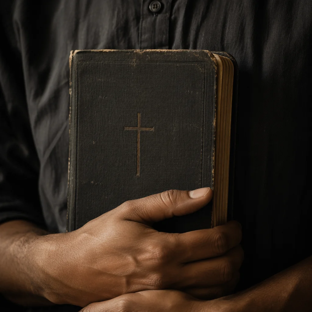 Reverent Hands Holding Worn Black Bible
