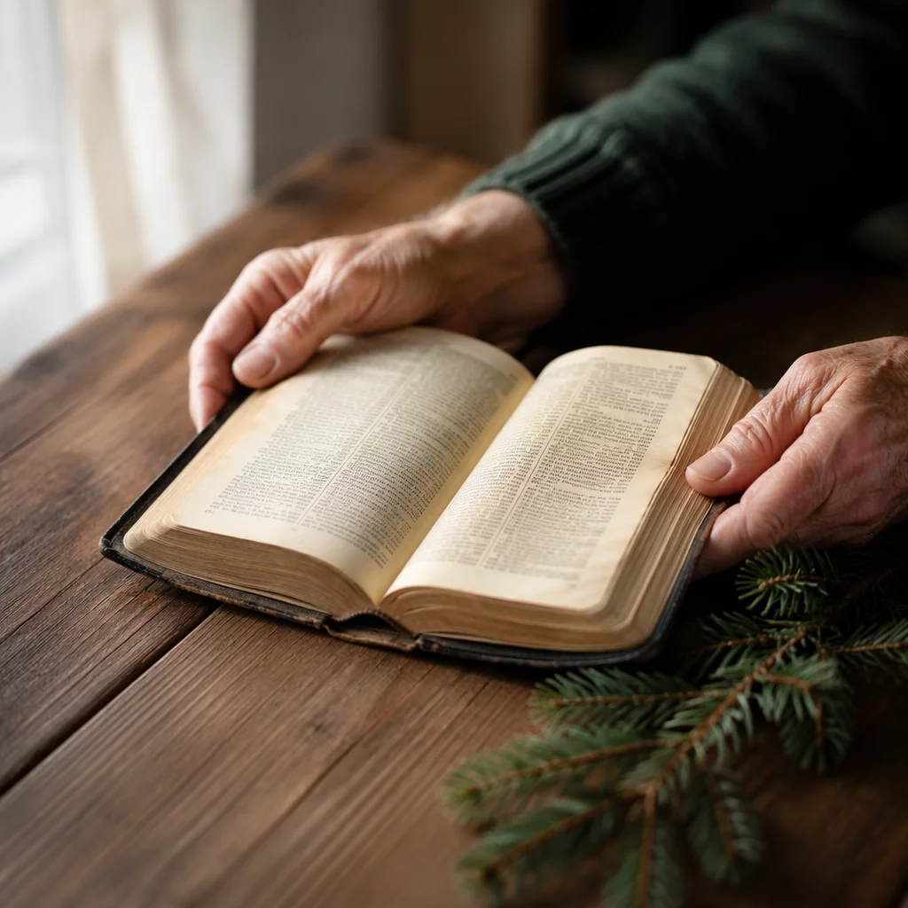 Elderly Hands Holding Bible with Evergreen