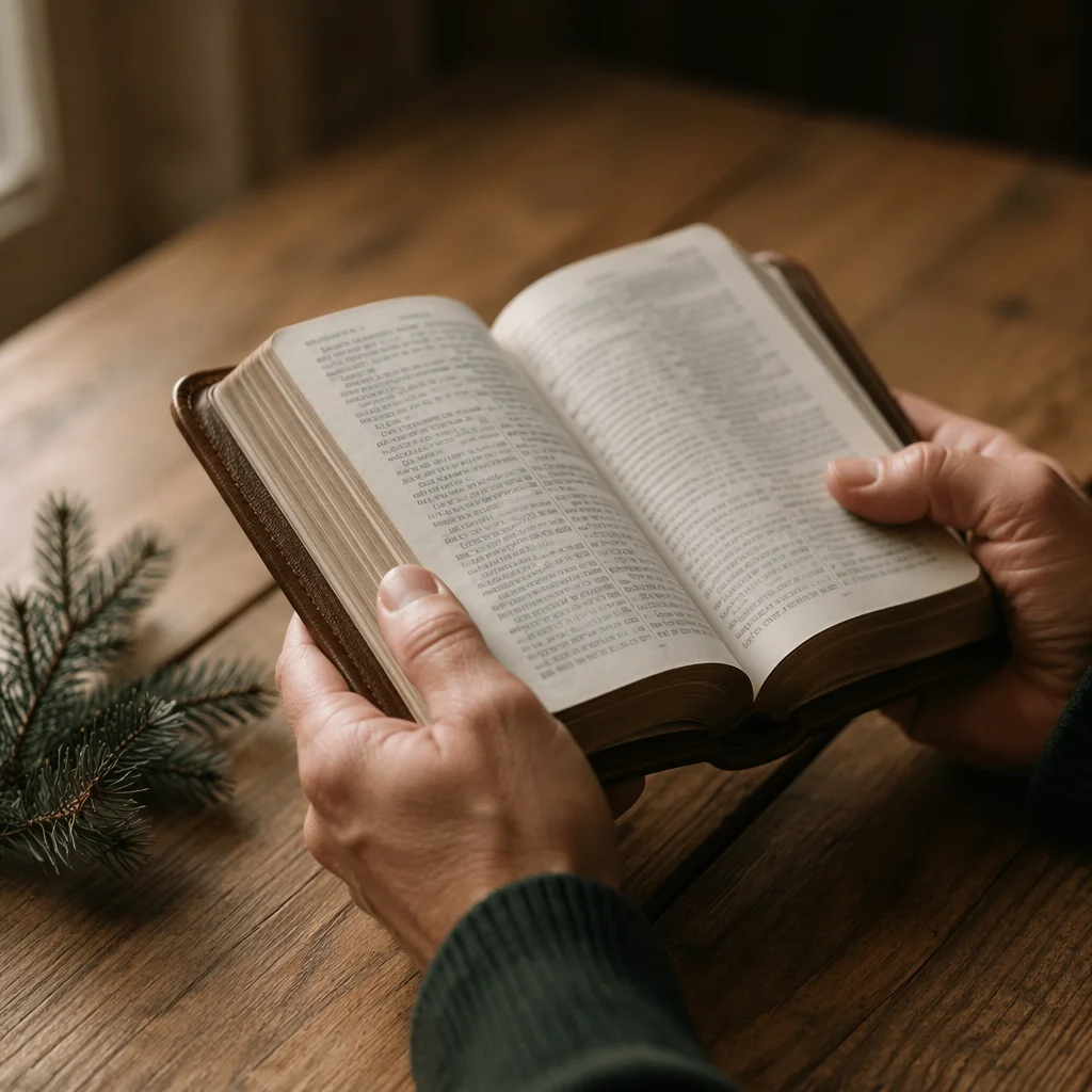 Hands Holding Open Bible with Evergreen