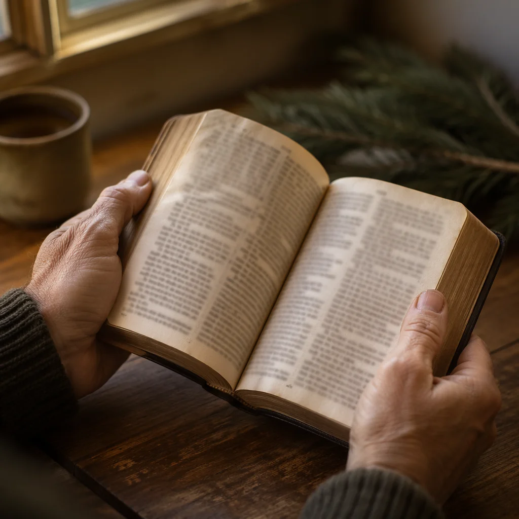 Hands Holding Open Bible by Window