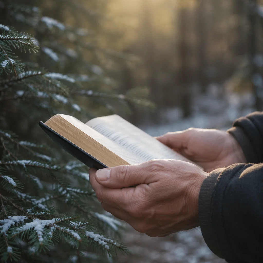 Weathered Hands Holding Bible Among Evergreens