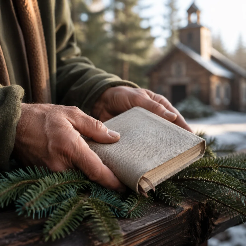 Weathered Hands Holding Bible by Evergreens