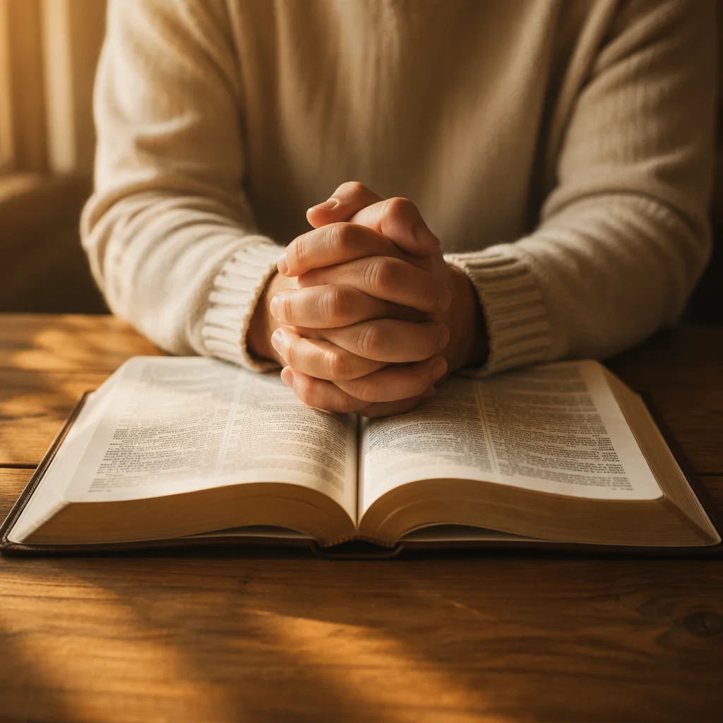 Praying Hands Resting Above Open Bible
