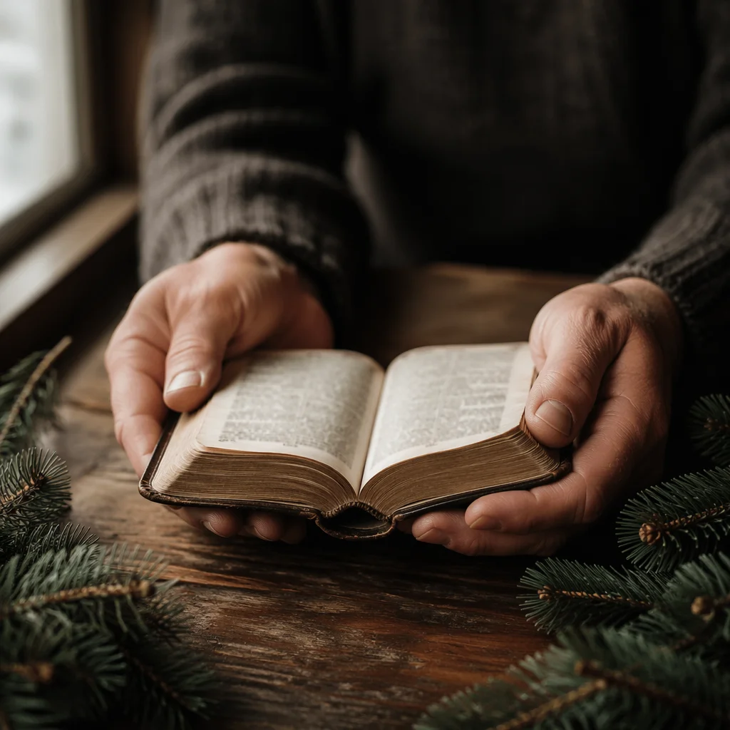Hands Holding Bible with Evergreen Branches
