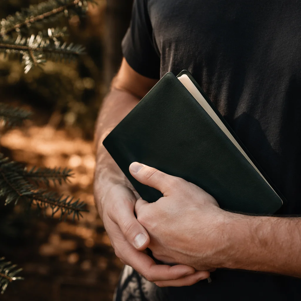 Hands Holding Bible Among Evergreen Branches